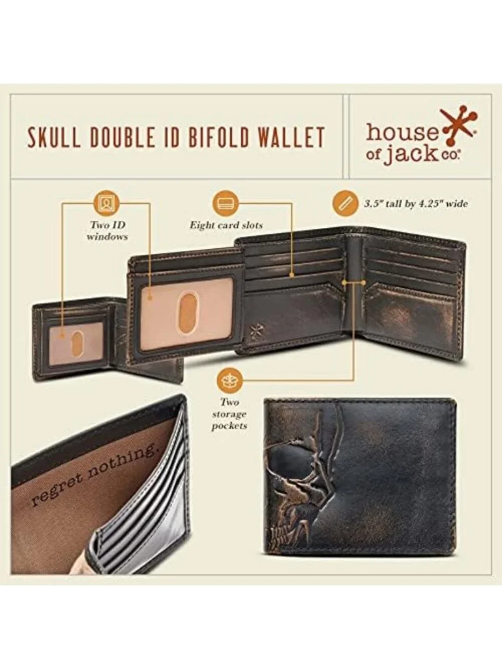 Skull Double ID Bifold Wallet for Men | 2 ID Windows, Stylish & Durable Design